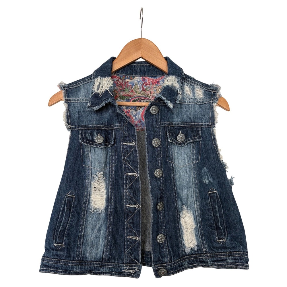 Vanilla Star Y2K Cowboy Core Distressed Denim Vest Blue Paisley Lining L Grunge